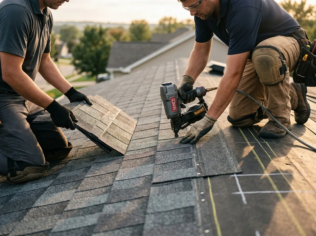 Professional roofer working on a residential roof in Hamtramck